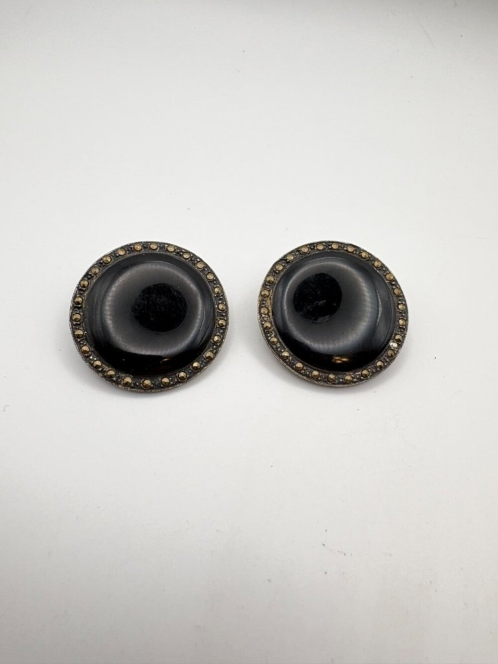 Vintage 925 Sterling Silver Black Onyx Onyx Marcasite Round Clip On Earrings